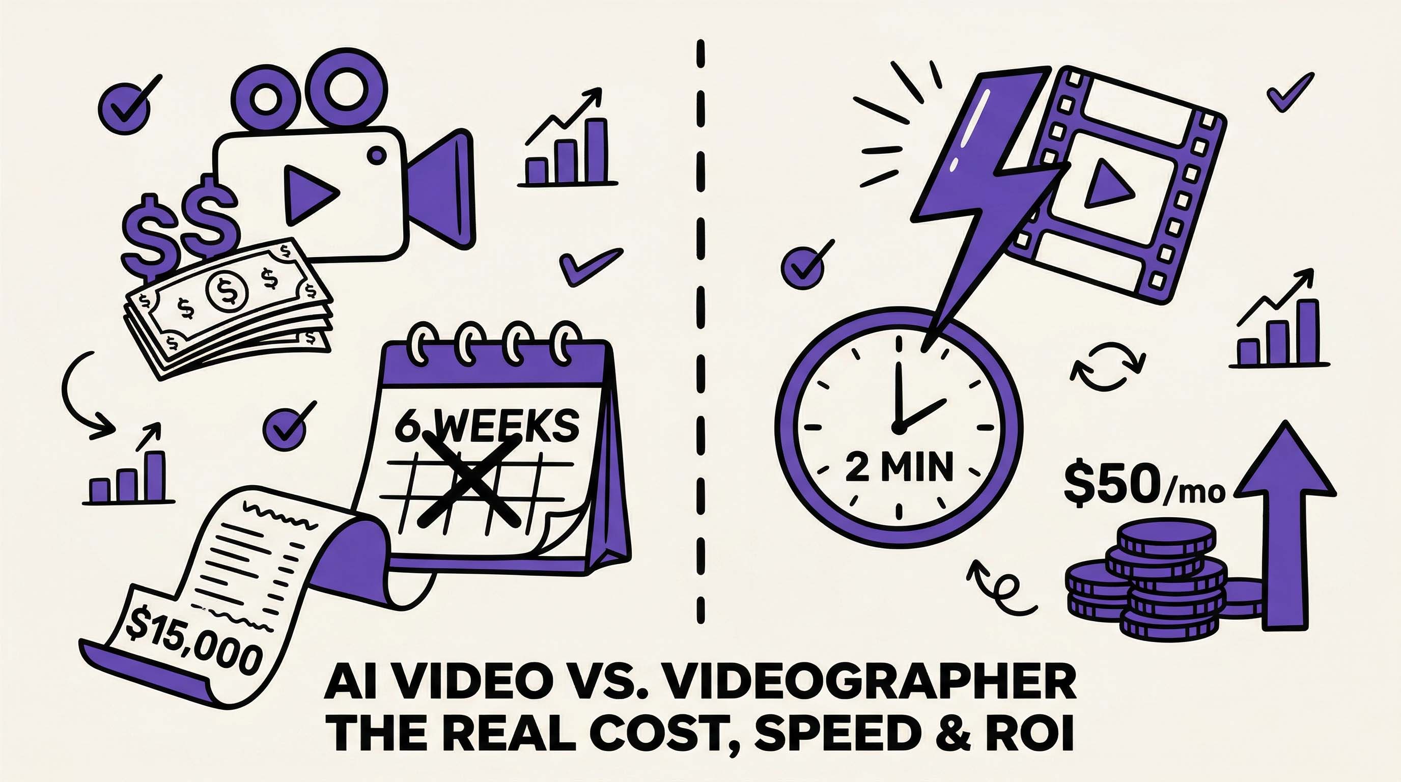 Doodle split-panel comparing expensive videographer production with fast low-cost AI video generation.