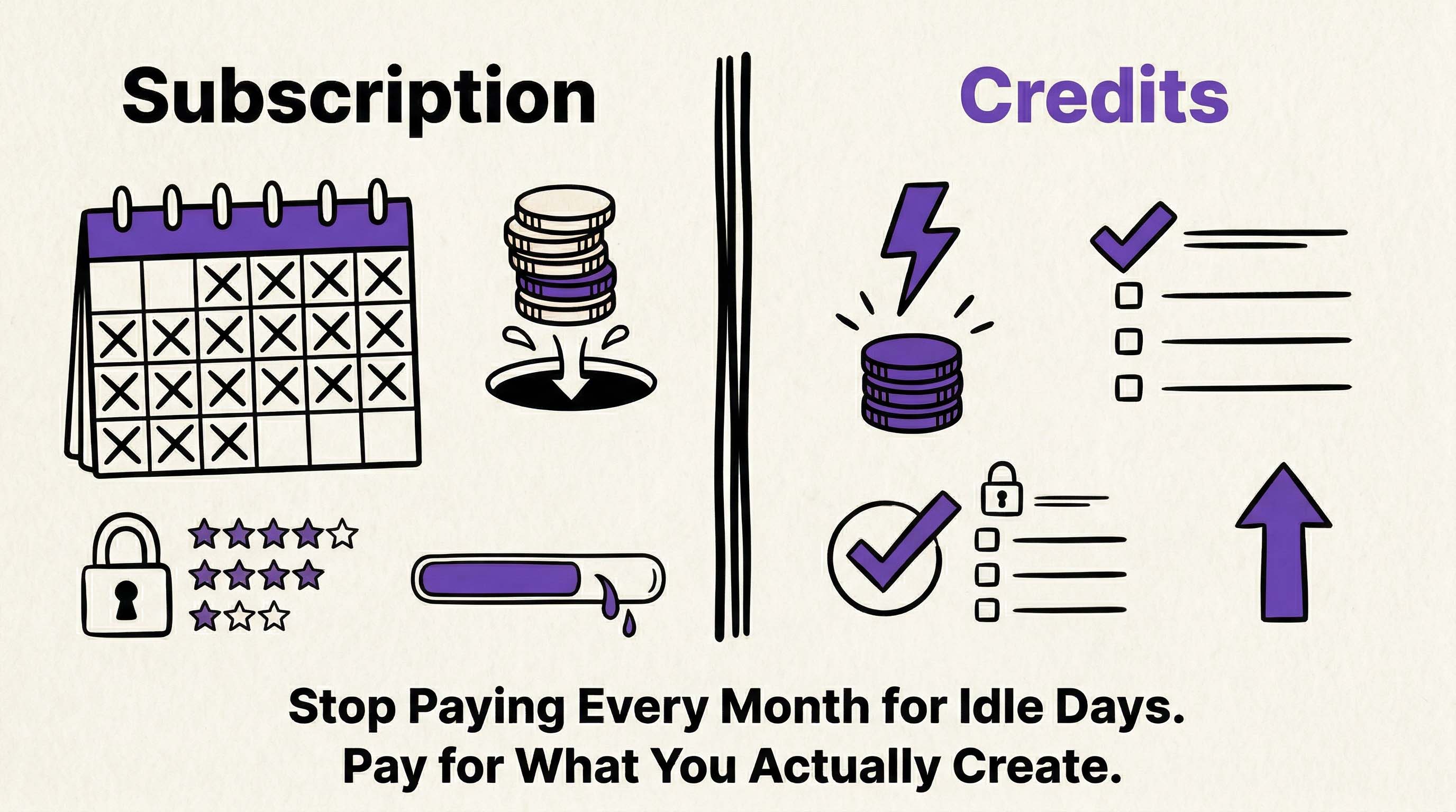Comparison between subscription AI video tools and credit based pricing model used by RizzGen