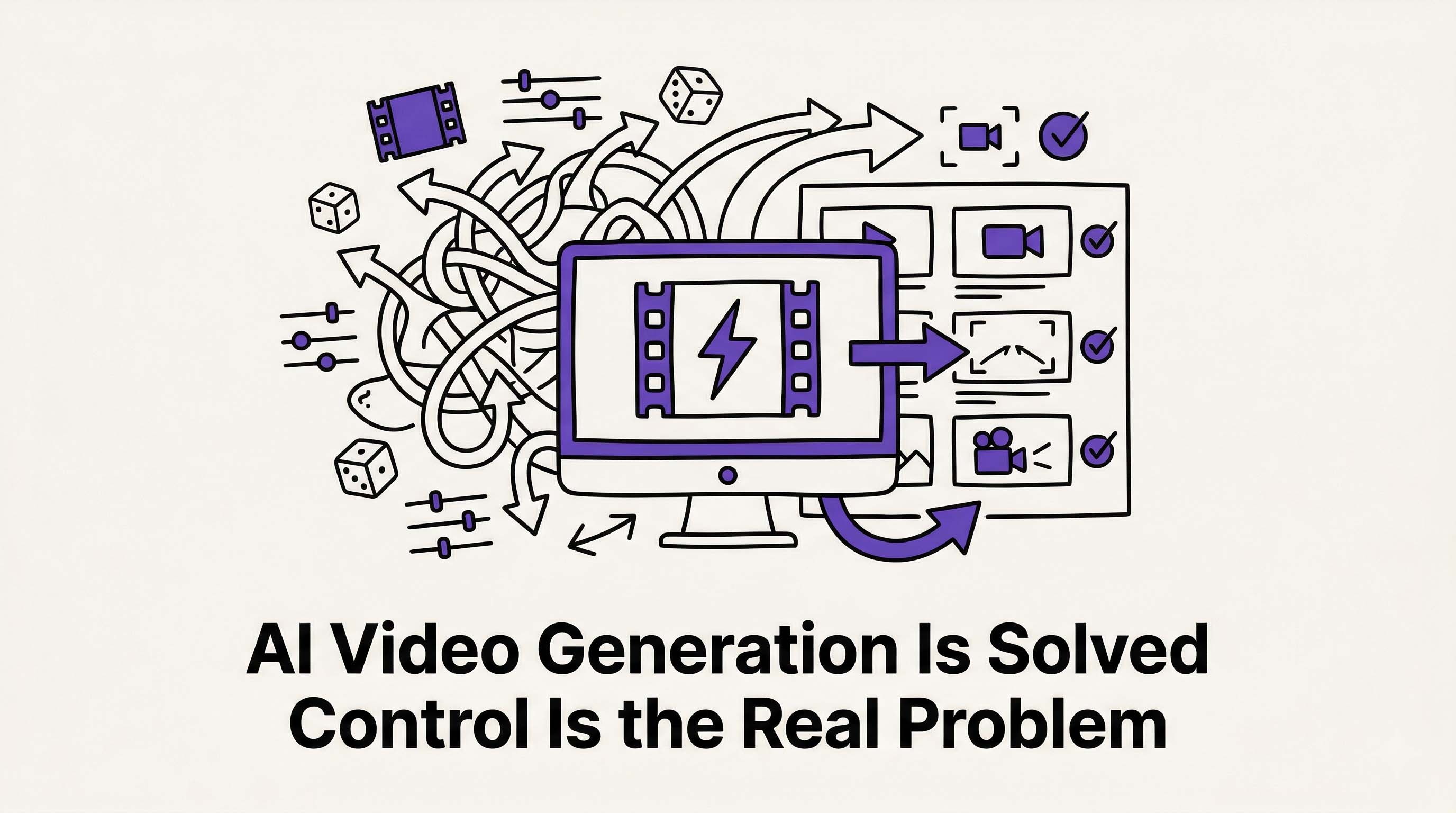 Illustration showing powerful AI video generation but chaotic control versus organized storyboard-based control.