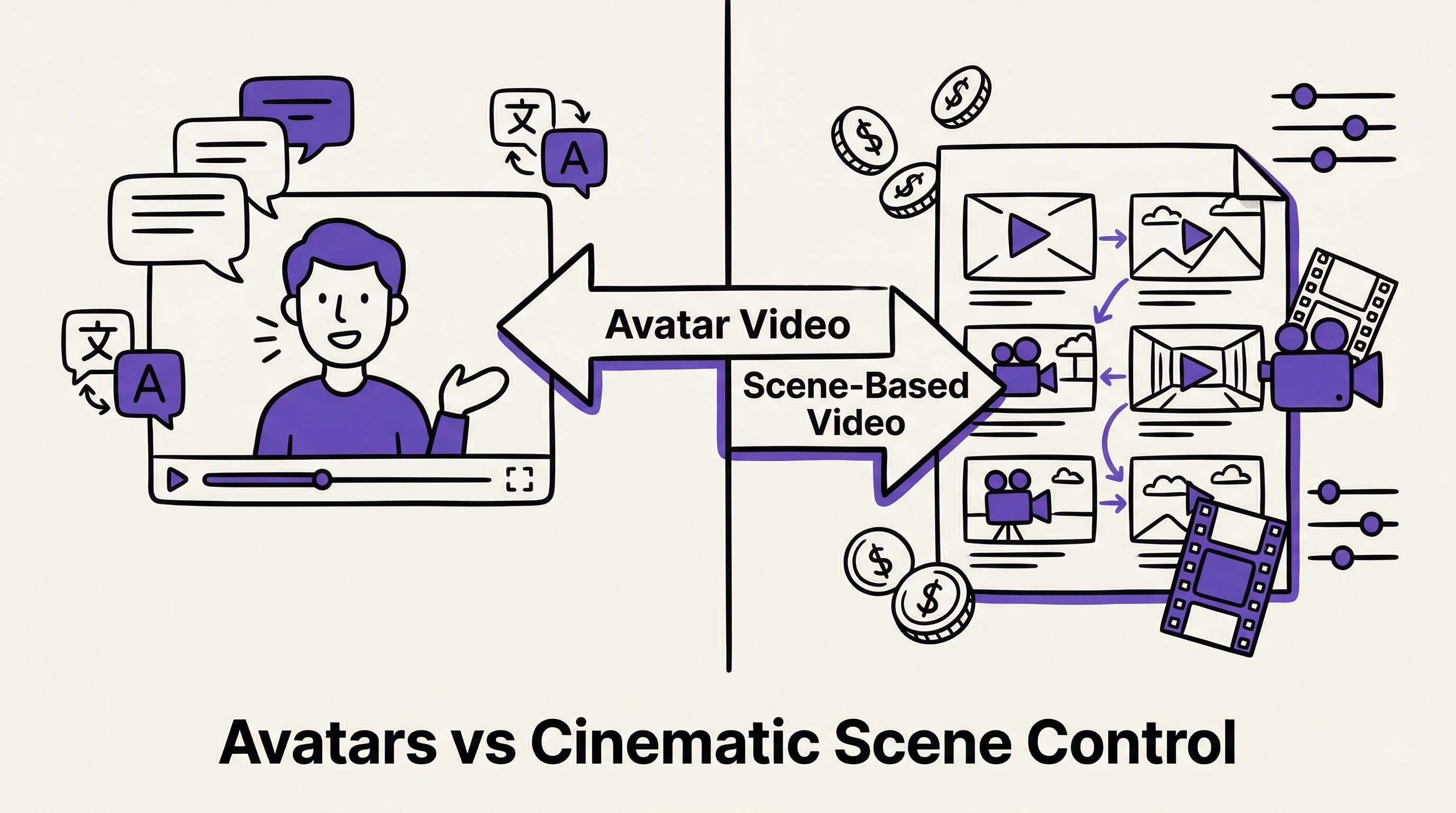 Doodle split-panel comparing avatar-based AI videos with scene-by-scene cinematic video creation.