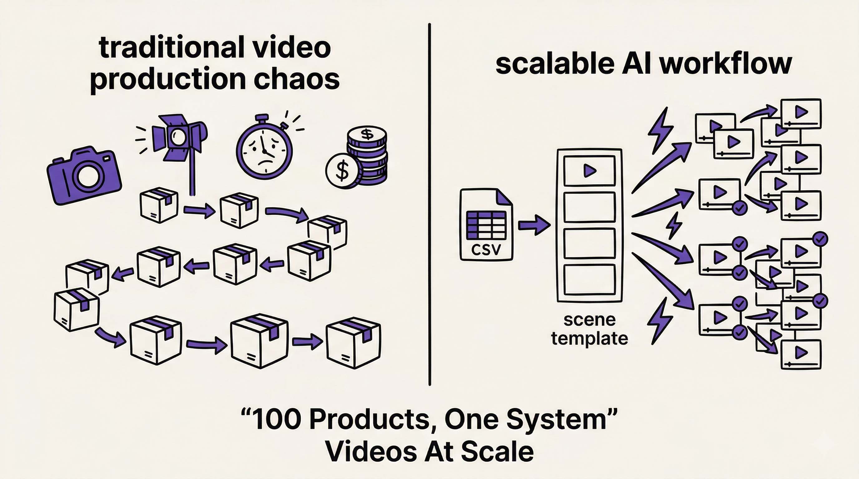 Split doodle showing slow traditional product video production versus a fast AI scene-based workflow generating many videos.