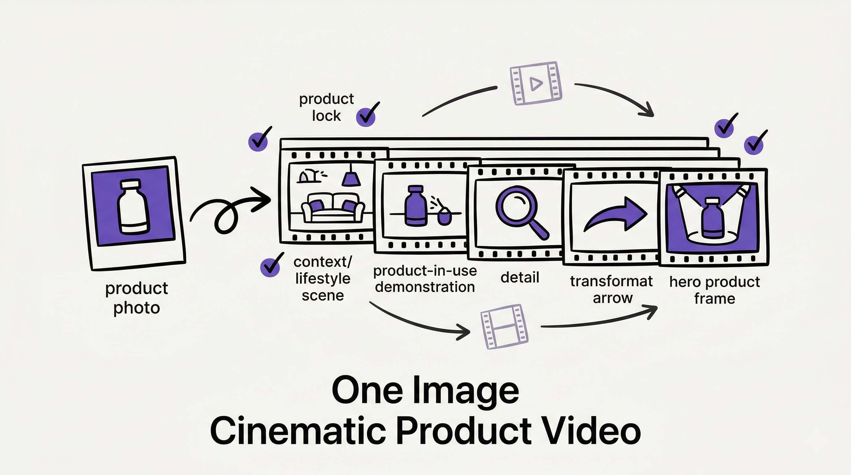 Doodle showing a single product photo transforming into multiple cinematic storyboard scenes for a product video.