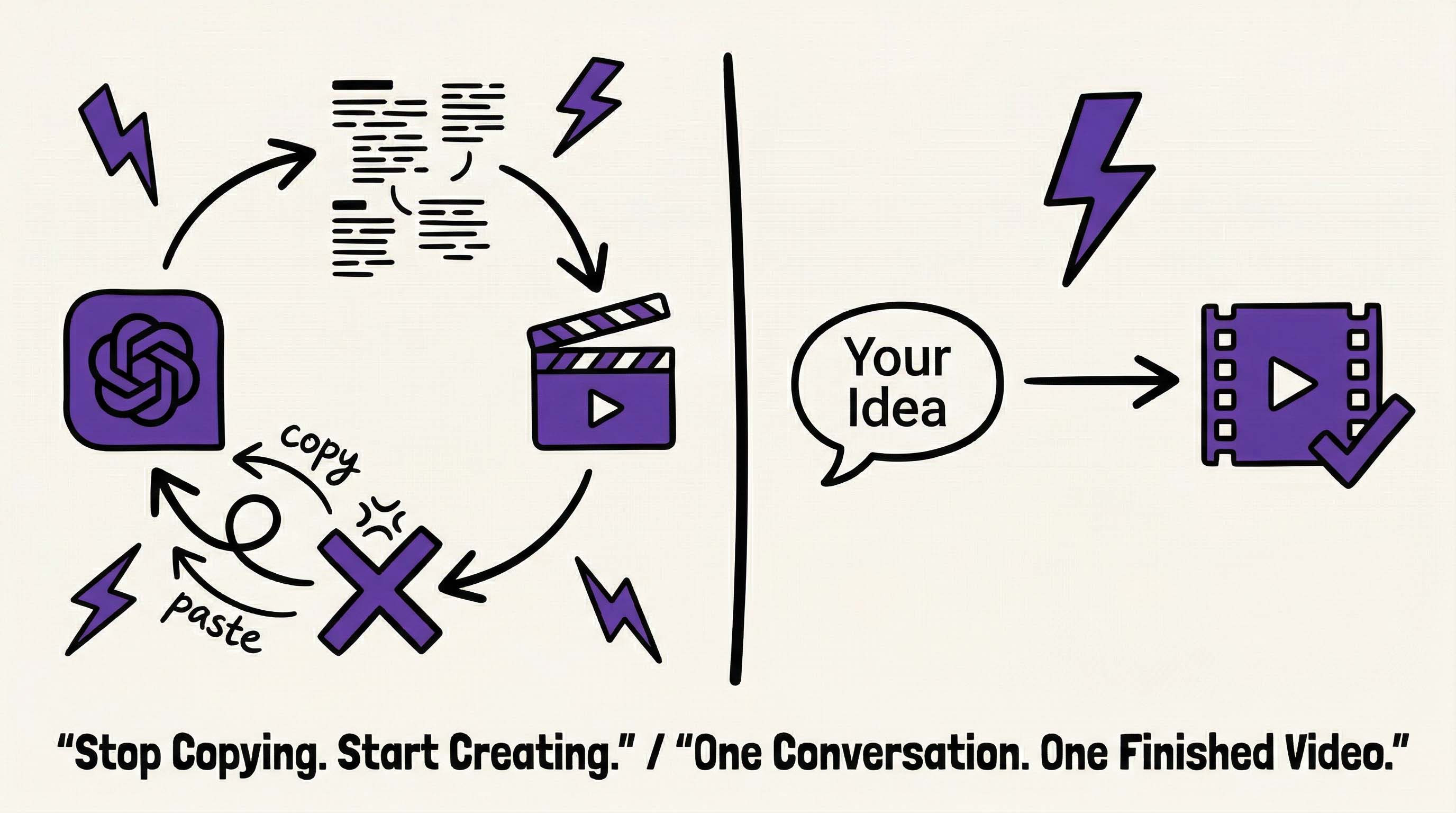 Illustrator showing messy copy-paste AI video workflow versus a simple conversation-to-video workflow.