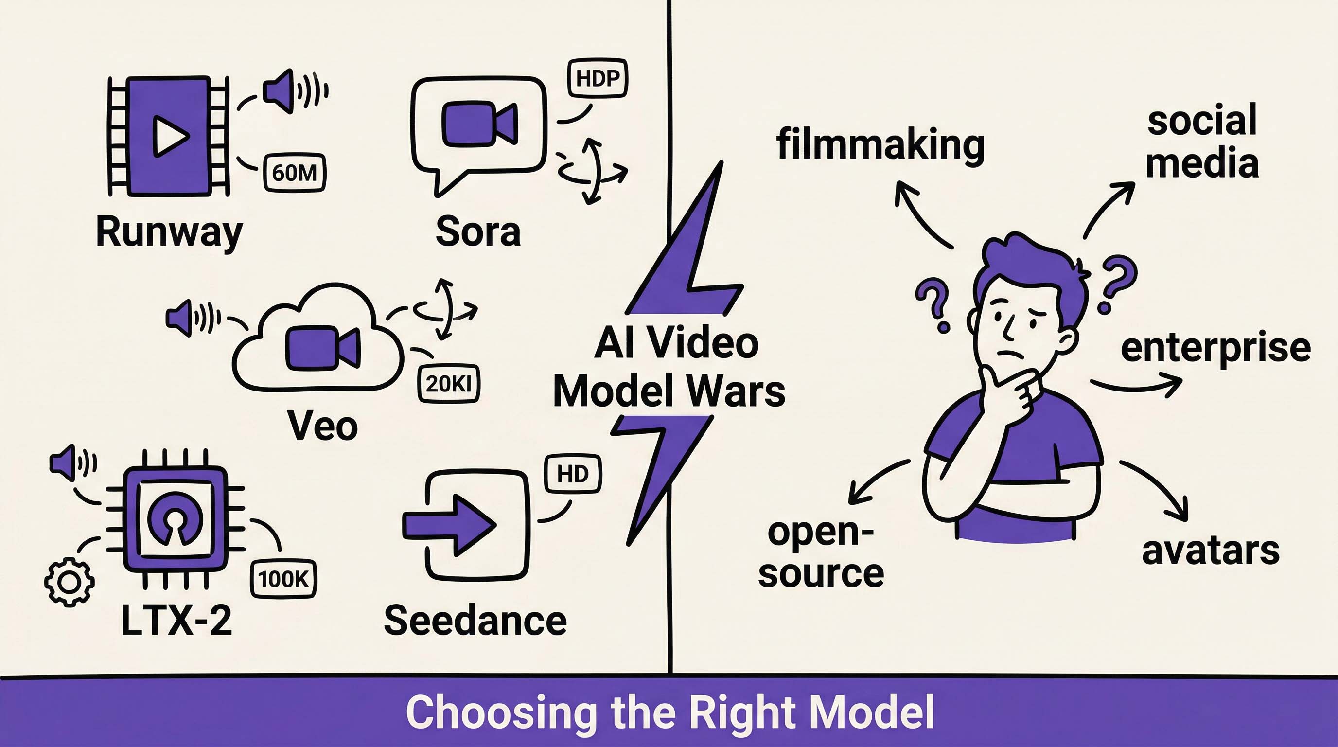 Hand-drawn doodle comparison of multiple AI video models with icons showing their different capabilities and use cases.