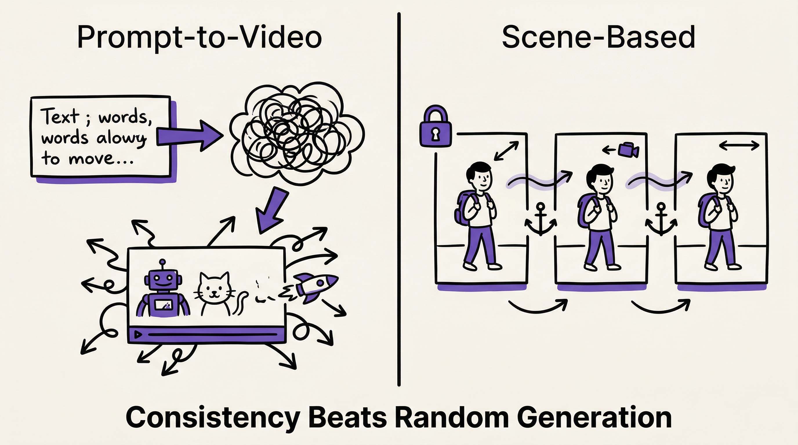 Illustration showing prompt-to-video randomness versus structured scene-based video generation with consistent characters.