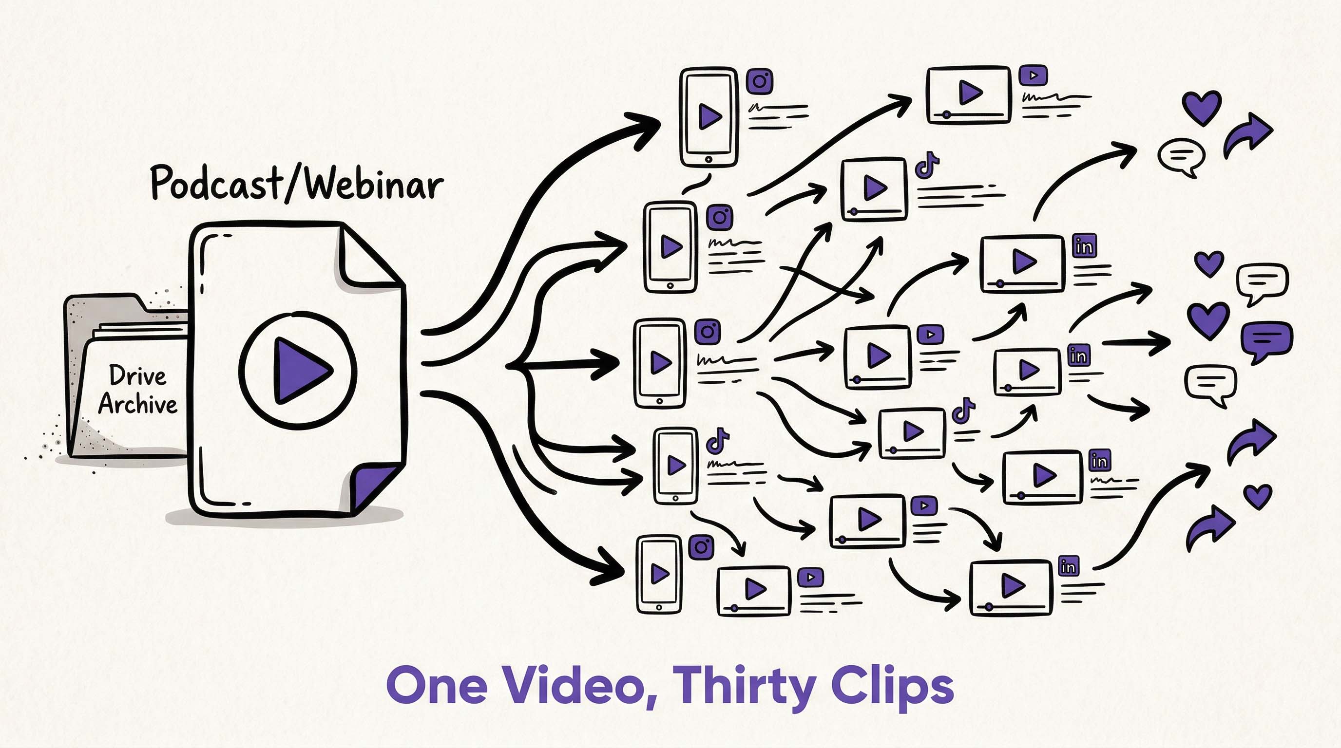 Illustration showing one long podcast video turning into many short social media clips for different platforms.