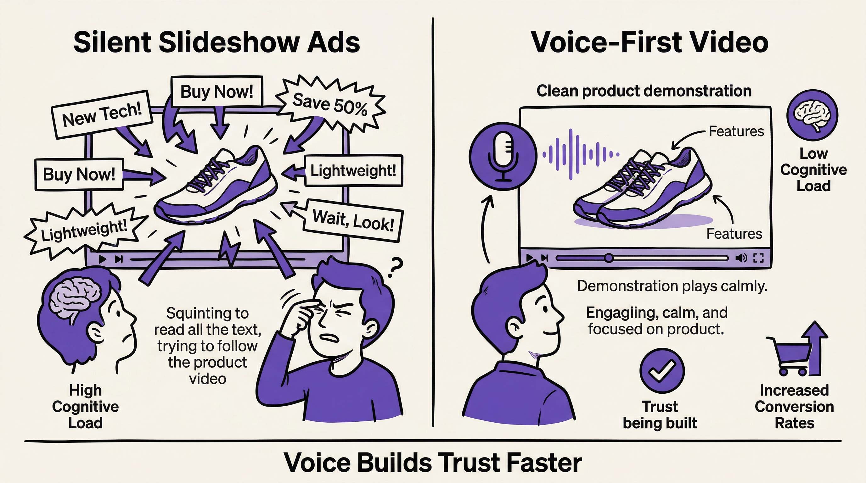 Split doodle illustration comparing silent text-overlay product videos with voice-narrated product demonstration videos.